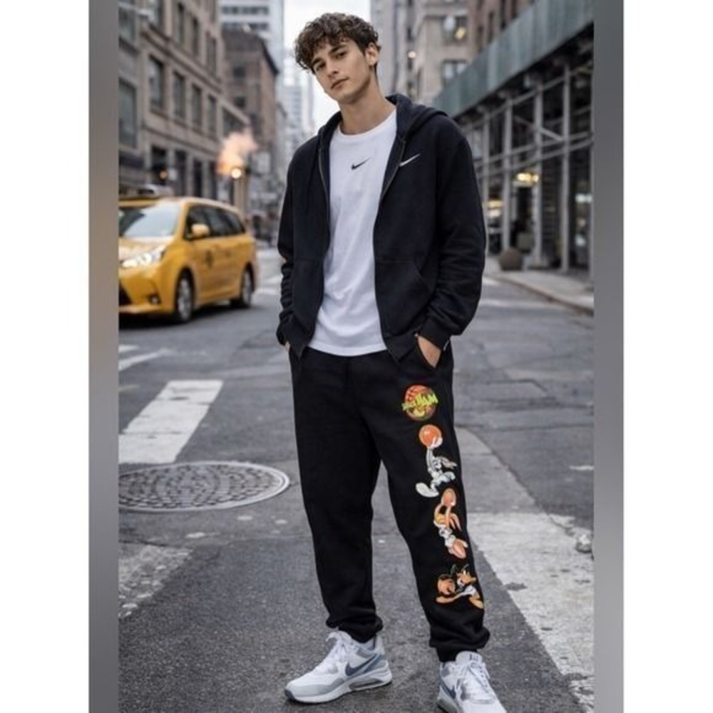 Space Jam Black Sweatpants with Orange & Green Graphic Basketball Print